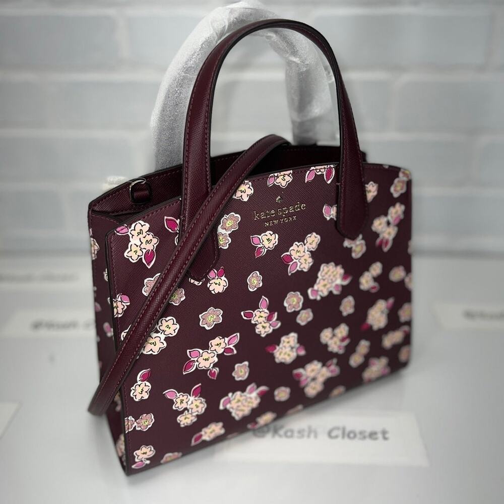 Kate Spade Satchel Tinsel Frosted floral Bag Purse Deep Berry Multi - Picture 2 of 10